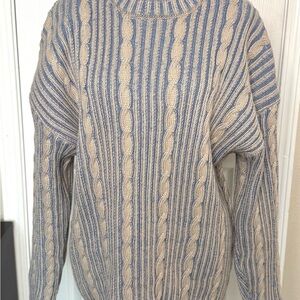 Beaularés Oversized Cable Knit Sweater Blue & Beige Vertical Stripe Pullover